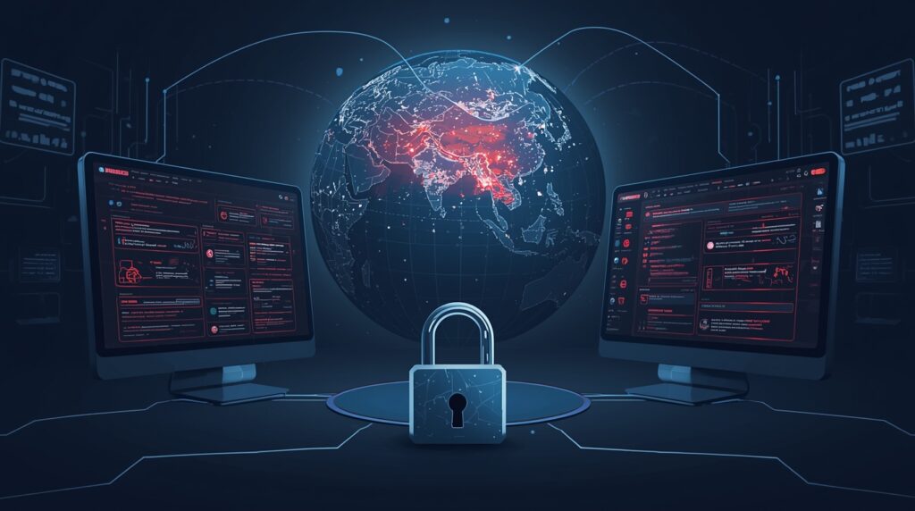 Illustration of Asia-based scam networks misusing ChatGPT with AI fraud detection alerts.