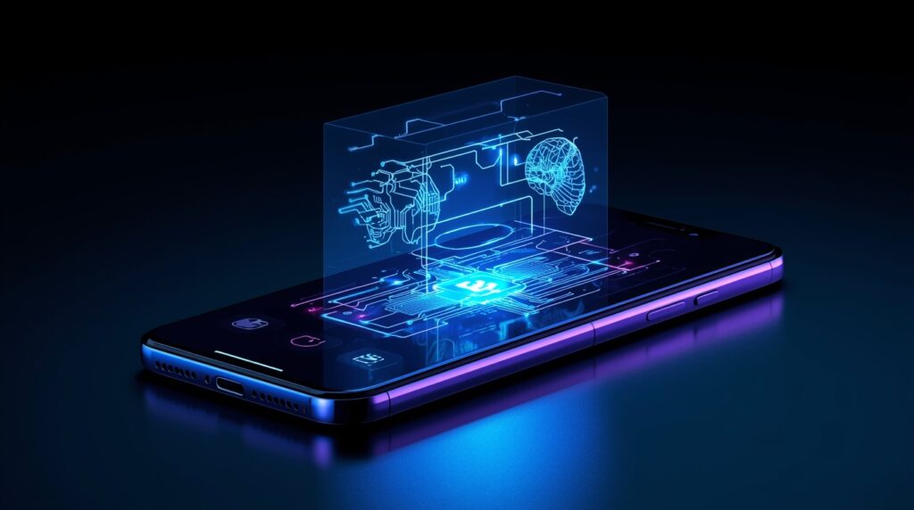 Futuristic iPhone 17 with holographic AI features.