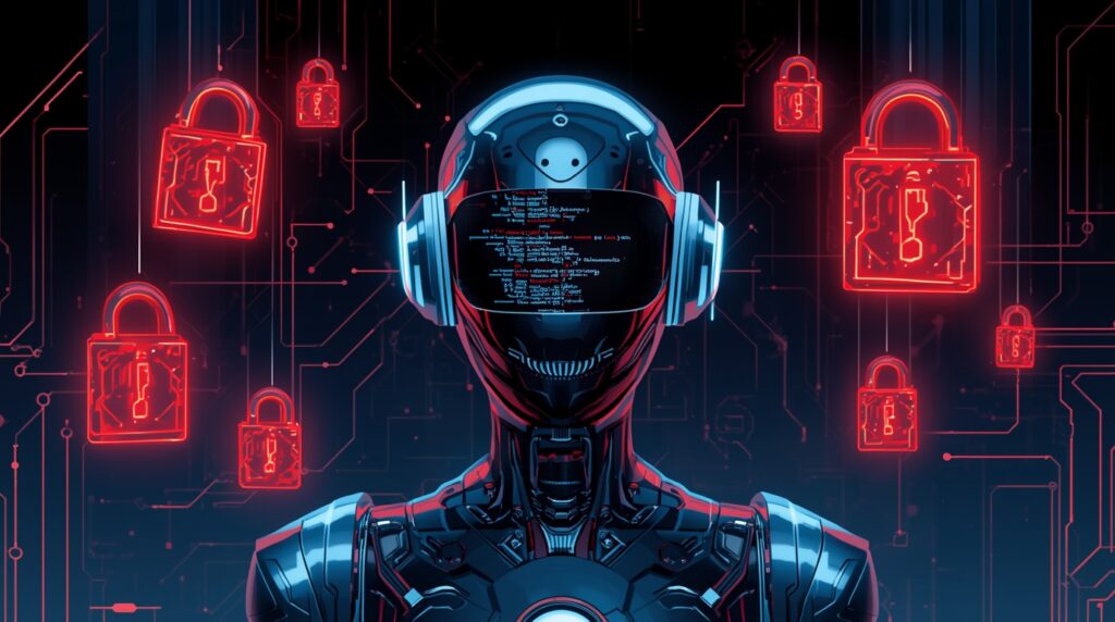 AI chatbot facing cyber vulnerabilities with glowing locks