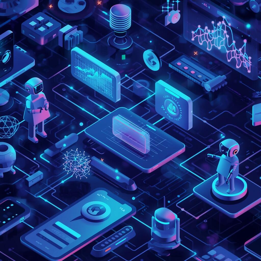 Futuristic digital illustration showing Conversational AI trends for 2025 with AI chatbots, predictive analytics, and edge devices.

