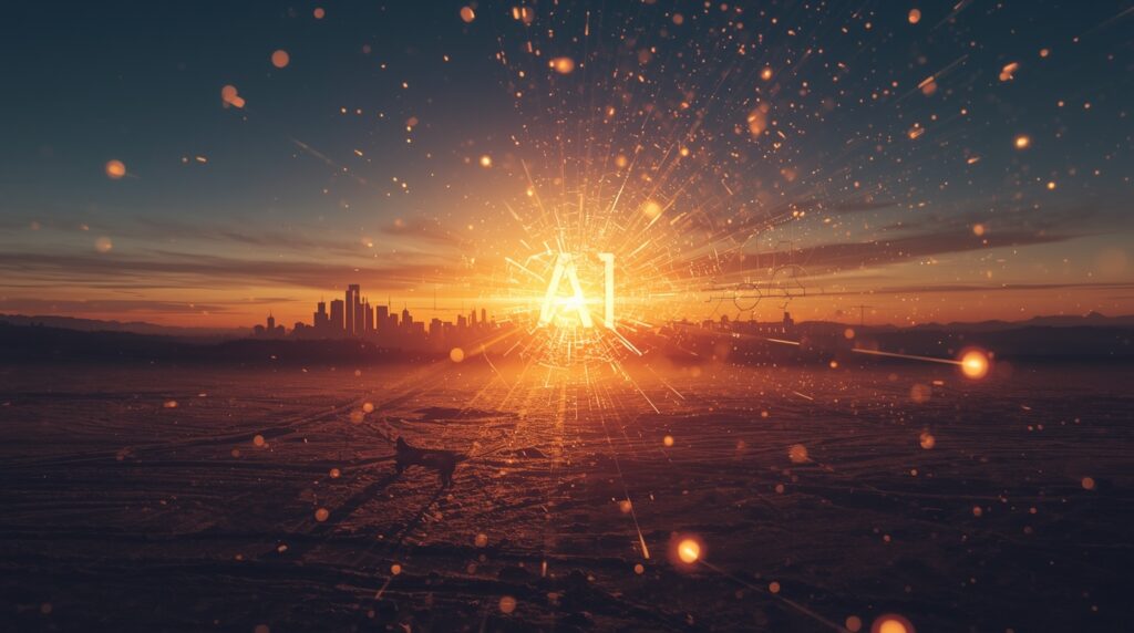 Illustration of AI company collapse with Silicon Valley skyline in the background.