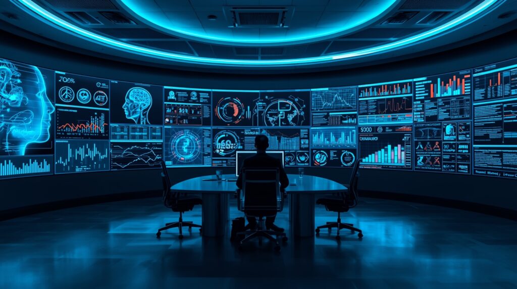 US AI Insights showing industry dashboards for healthcare, finance, and retail.