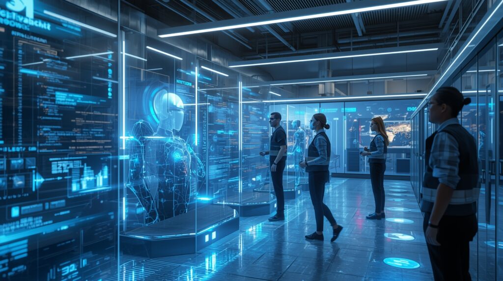 AI agents training in synthetic environments using simulated datasets in a Silicon Valley lab.