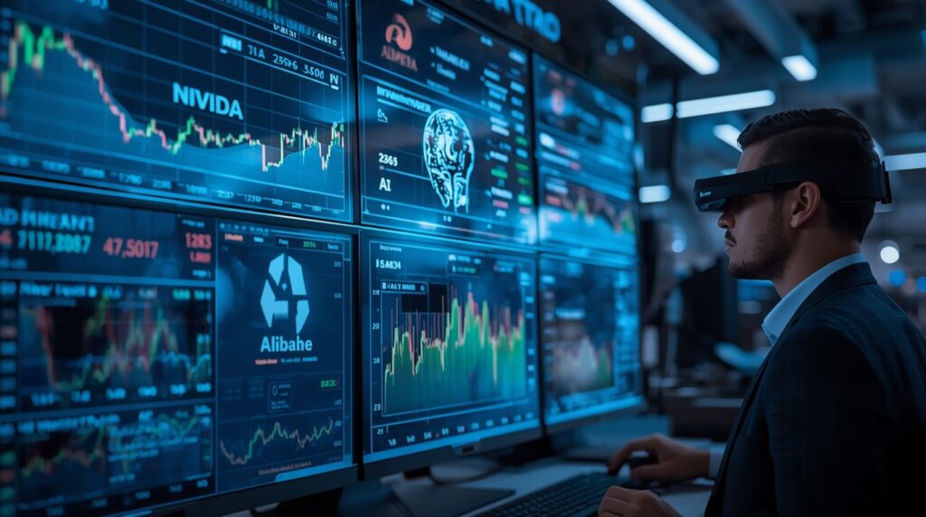 AI-driven stock market floor with Nvidia, Dow Jones, and Alibaba charts.