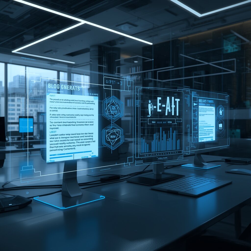 Futuristic workspace showing AI Blog Generators with holographic screens, GPT-4+ and E-E-A-T concepts for 2025 SEO strategies.

