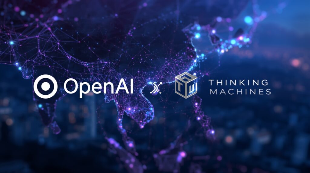 Visualization of OpenAI services partner Thinking Machines driving AI adoption in Asia-Pacific with connected global networks.