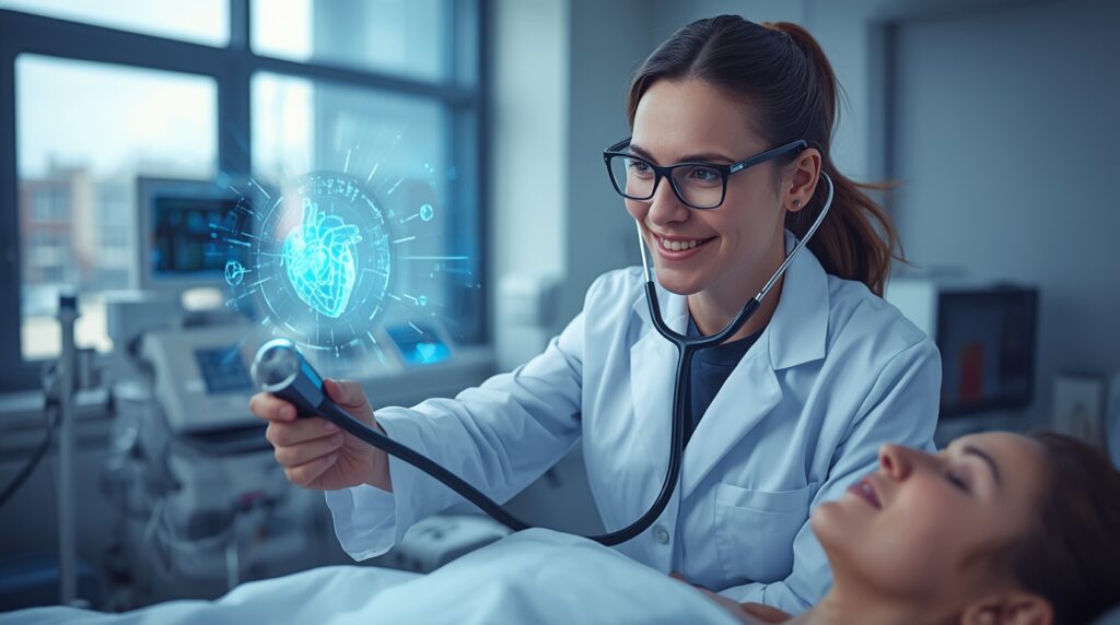 Doctor using an AI stethoscope with holographic heart data visualization.