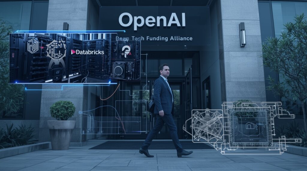 Mike Liberatore joining OpenAI as finance lead with depiction of the Deep Tech Funding Alliance and AI infrastructure.