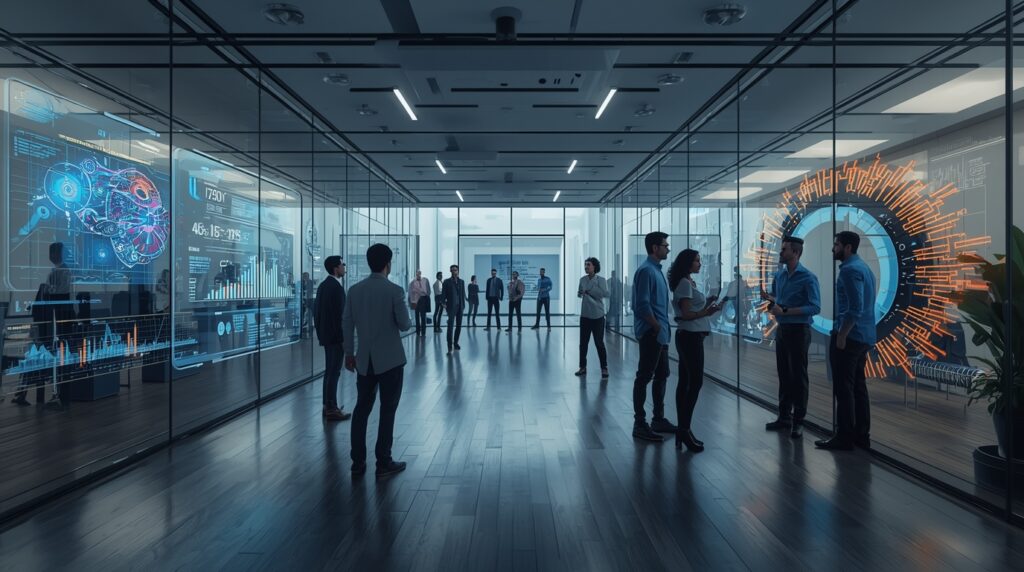 Futuristic business team using AI Analytics Platforms for smarter decisions.