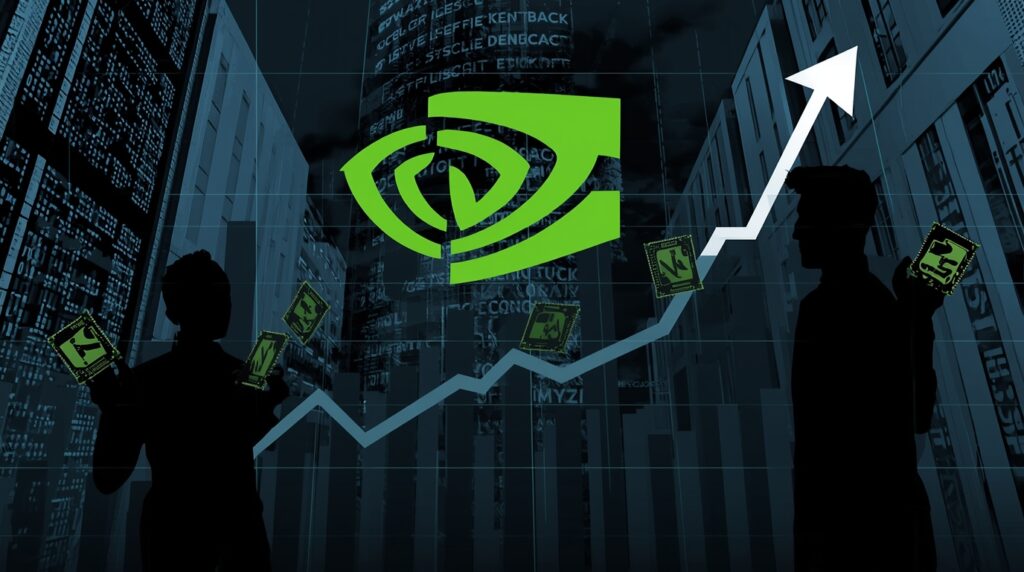 Illustration of Nvidia logo with two mystery clients driving revenue growth in AI market.