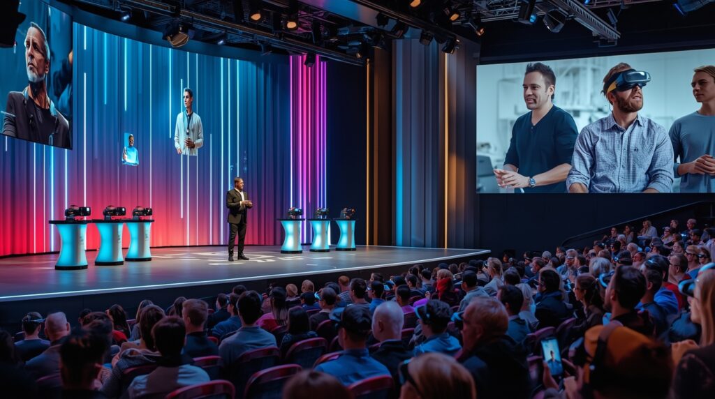 Illustration of Meta Connect 2025 with AI, VR, and AR innovations presented on stage.