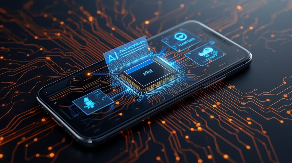 Smartphone powered by On-Device AI using Arm C1 CPU cluster for enhanced mobile AI performance.