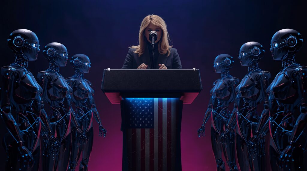 Melania Trump delivering artificial intelligence warnings about robots in society.