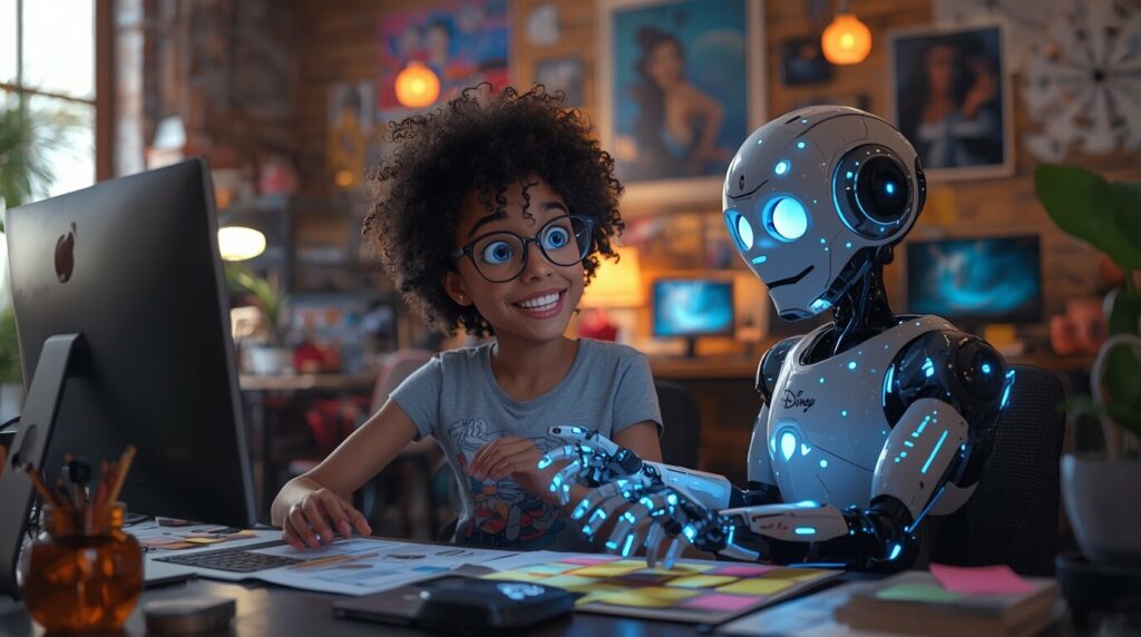 Filmmaker working with an AI assistant at Disney to craft storytelling.