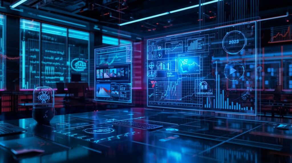 AI Video Generator technology dashboard with futuristic video editing interfaces and holographic analytics, representing 2025 trends