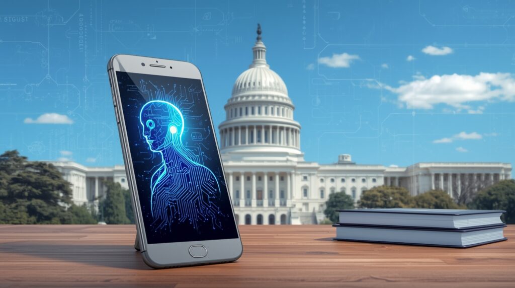 AI chatbot on a smartphone with California capitol in the background, symbolizing AI Companion Regulation.