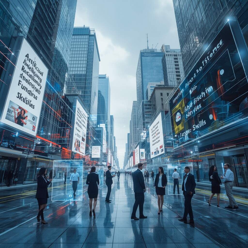 AI Industry News 2025 feature image showing tech cityscape with digital billboards, professionals, and AI elements

