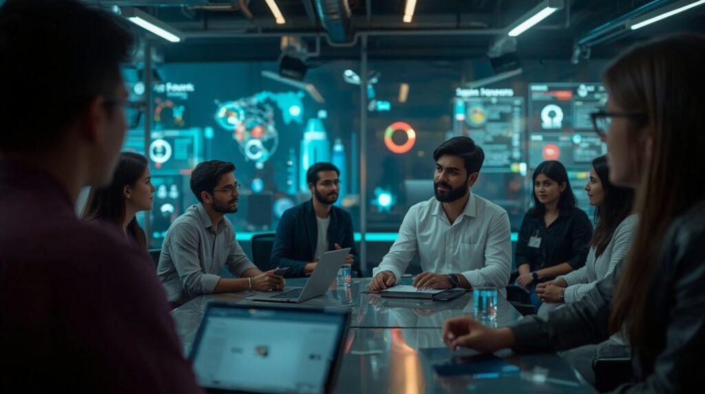 Illustration of Indian AI startups facing risks in the AI Wrapper Economy, guided by Google India Accelerator toward building scalable AI platforms.