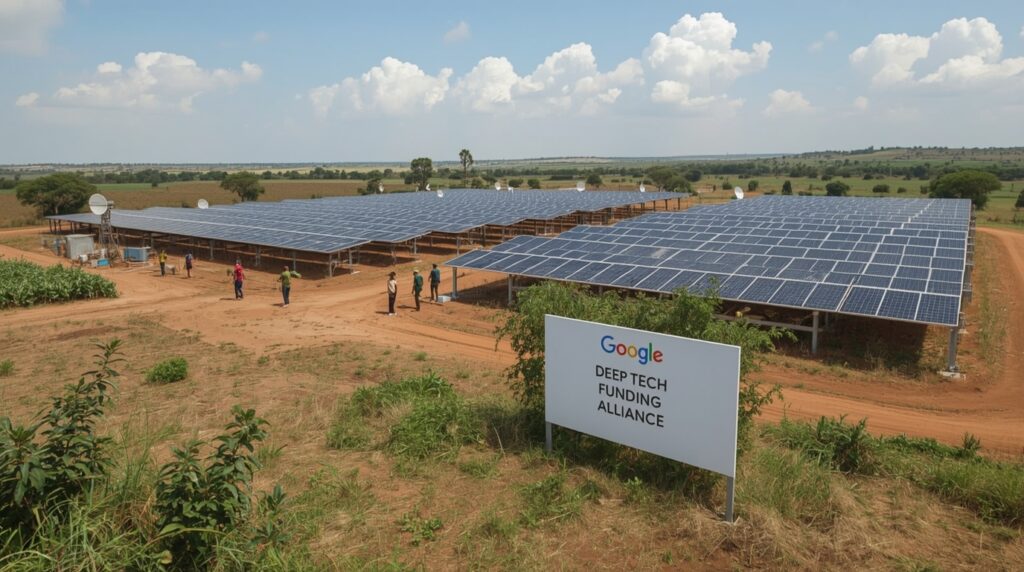 Aerial view of African AI infrastructure built through Deep Tech Funding Alliance and Google, serving AI hubs and research labs.