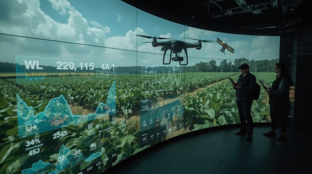 AI Climate Forecasting tools guiding global farmers through smart dashboards and drone monitoring.