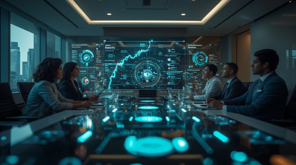 Executives reviewing AI Maturity Frameworks and adoption roadmaps in a digital enterprise boardroom.
