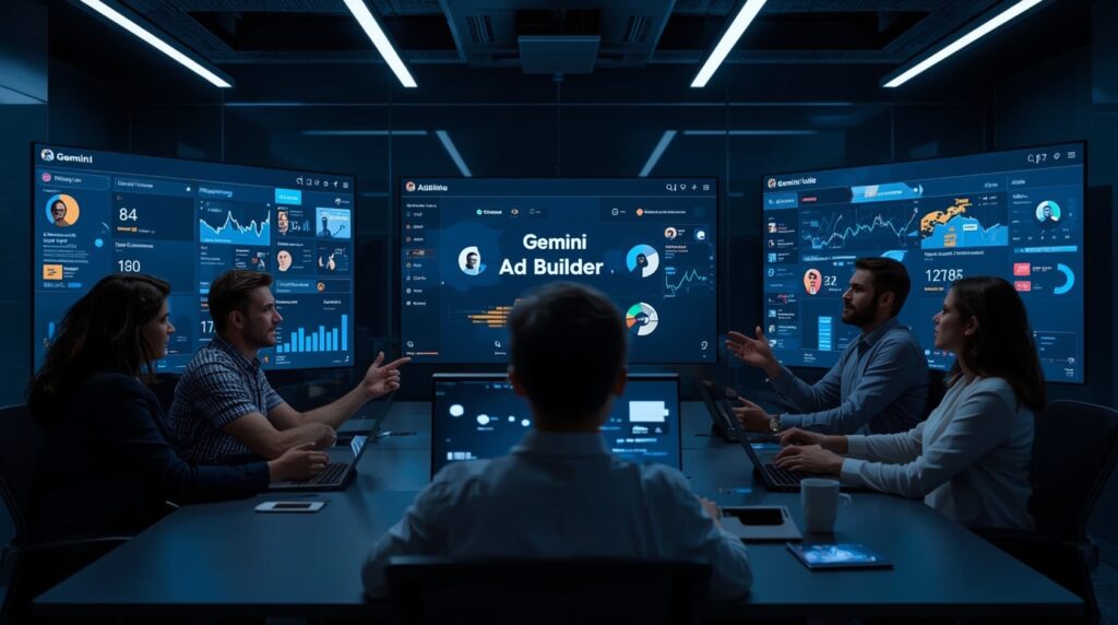 Marketing team reviewing Gemini-powered ad dashboards as part of AI AdTech Innovation in action.