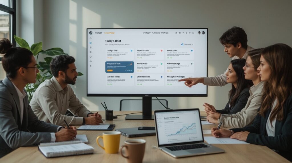 Professionals in a modern office reviewing the ChatGPT Pulse Daily Briefings dashboard on a widescreen monitor and mobile devices.