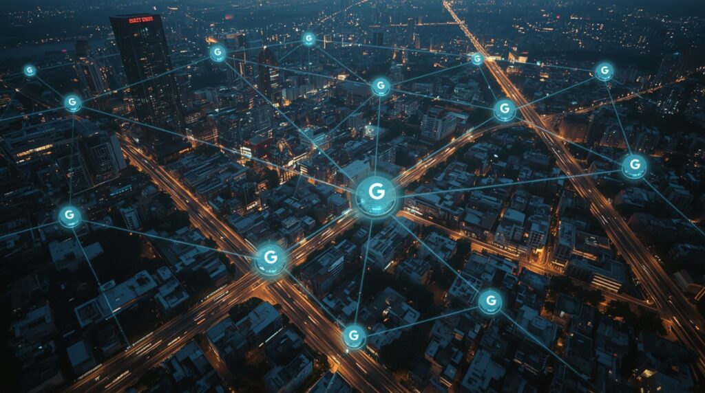 Smart cityscape with Google AI infrastructure hubs connected by glowing data lines across urban India.