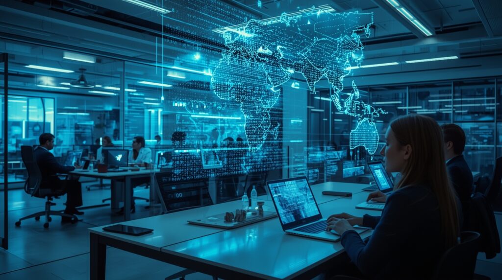 A corporate team using Enterprise ChatGPT Knowledge Graphs displayed as holographic AI networks.