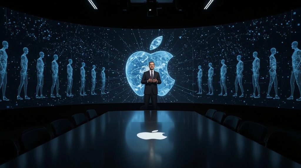 A futuristic tech leader addressing a global AI-driven summit through a holographic interface, symbolizing the AI leadership transition.
