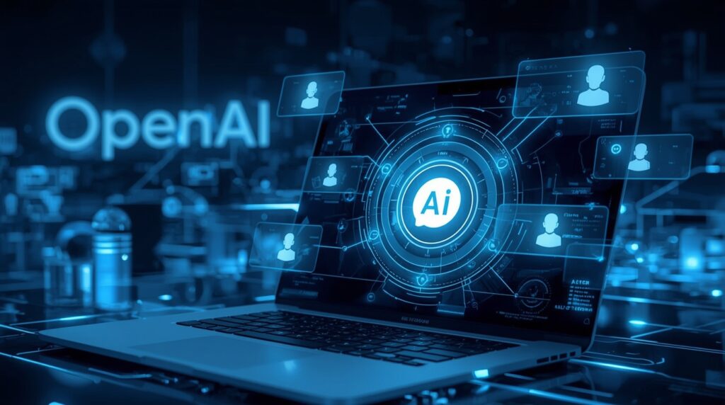 Futuristic workspace displaying real-time AI conversation with ChatGPT Beta’s messaging interface.