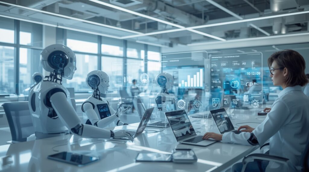 AI-driven workplace showing collaboration between humans and intelligent systems in 2025.