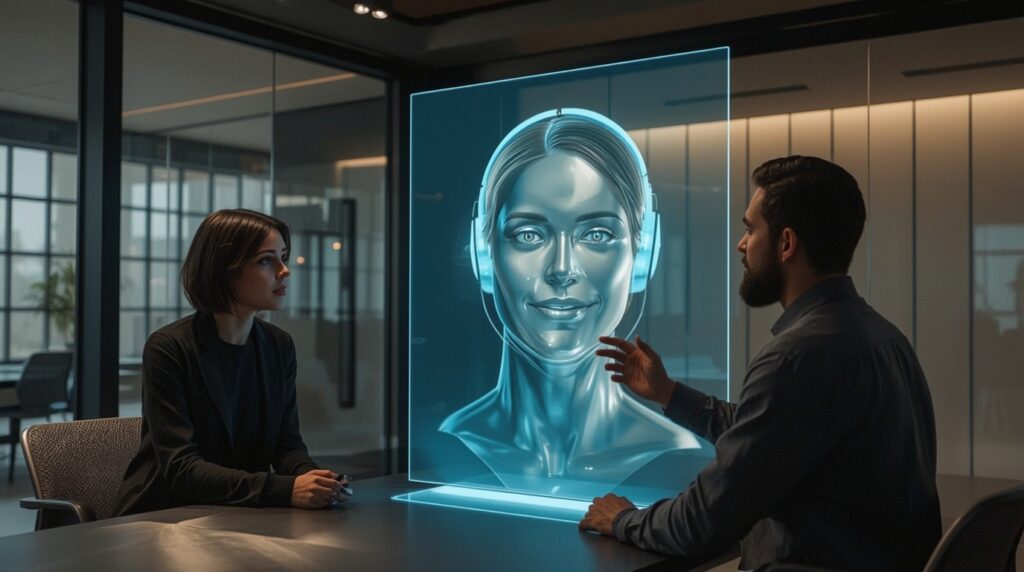 Microsoft Mico Avatar interacting with users via holographic Copilot interface.