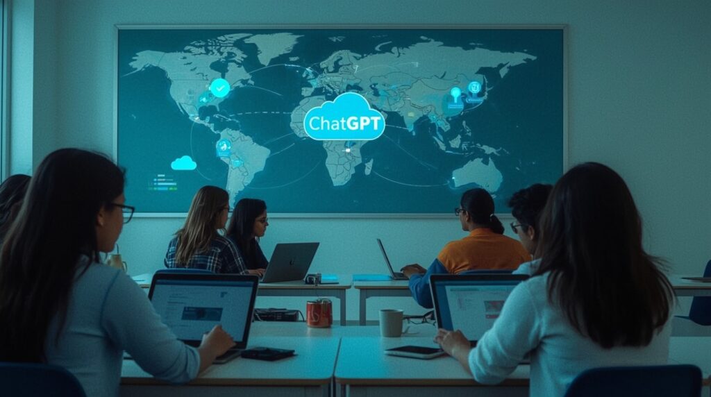 Indian students using ChatGPT in a digital classroom for AI-empowered learning.