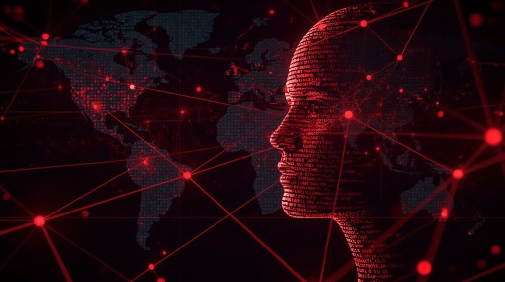 Visual depiction of AI chatbots spreading disinformation across global networks.