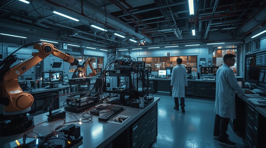 AI-powered physics lab with robotic automation and advanced computing.