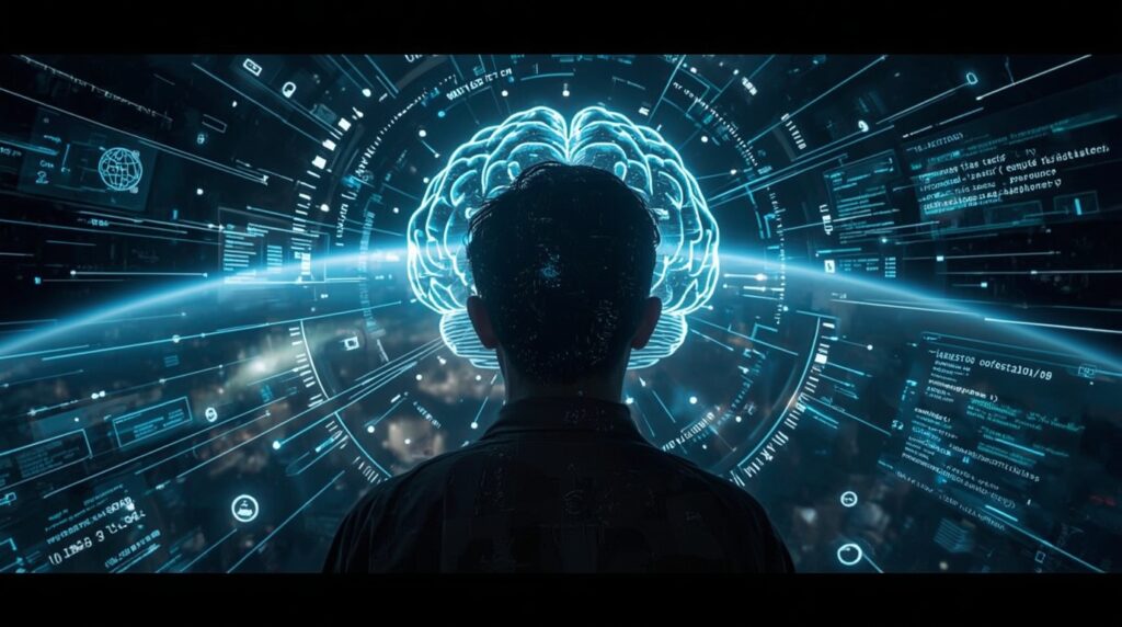 Holographic AI brain projection illustrates an artificial superintelligence forecast for 2030.