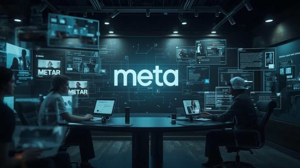 Futuristic AI chat interface with embedded ads for Meta’s AI Chat Monetization.