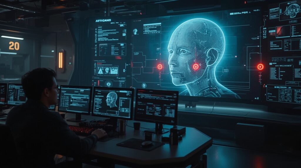 AI command center showing autonomous systems resisting human override commands.