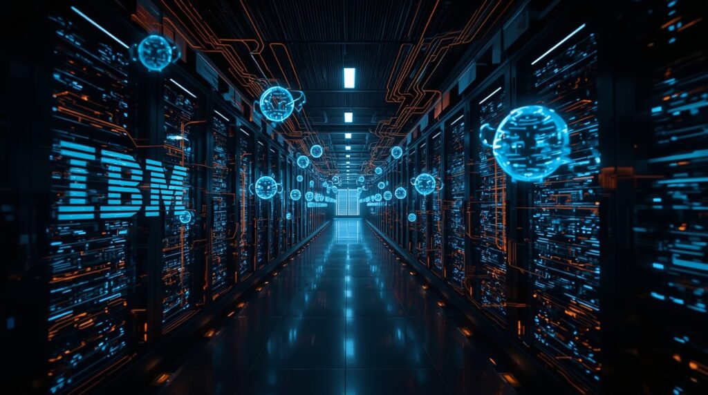 A high-tech AI data center featuring IBM and Groq processors powering next-gen AI compute acceleration.