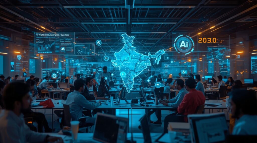 Futuristic Indian tech campus illustrating the AI Workforce Acceleration Plan with professionals and digital AI interfaces.