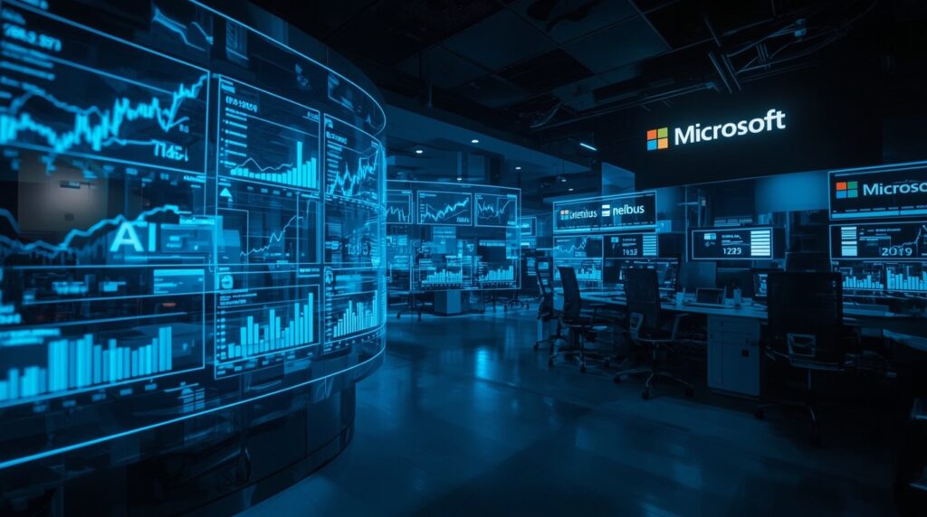 A futuristic Wall Street trading floor illuminated by holographic data streams showing AI stock charts, with Microsoft and Nebius logos integrated into the scene. AI-driven servers glow in the background, symbolizing cloud intelligence powering market growth. The aesthetic should be ultra-modern, cinematic, and detailed — blending finance and AI themes.