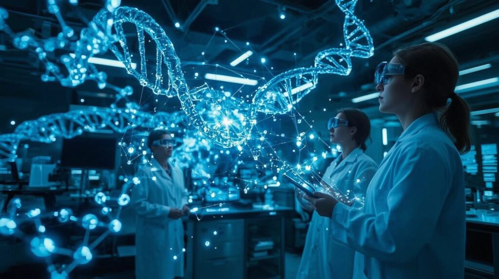 Futuristic laboratory visualizing DNA and AI networks symbolizing the AI Genomics Collaboration between 10x Genomics and Anthropic.