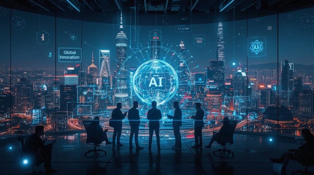 Engineers collaborating at an open-source AI hub in Shanghai, representing China’s global AI innovation ecosystem.
