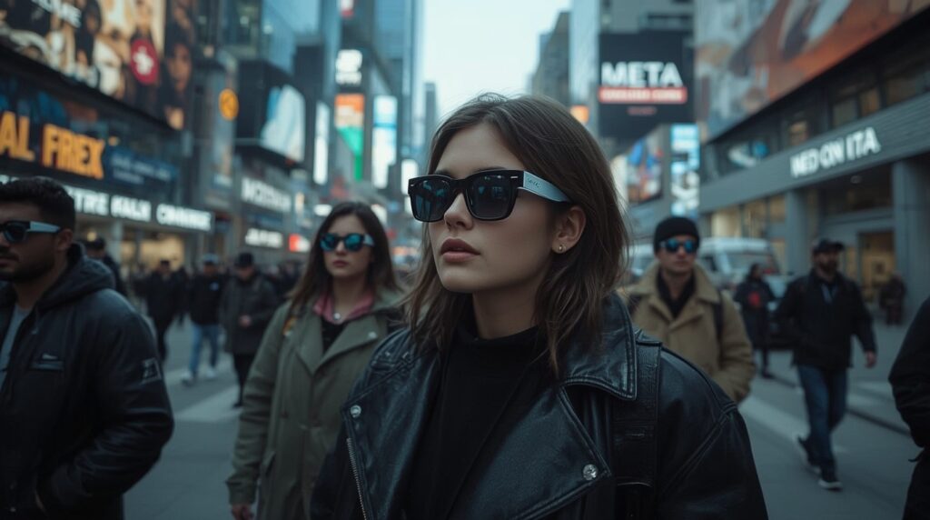 Futuristic city scene showing people wearing Meta Ray-Ban AI smart glasses during the AI Wearable Revolution.