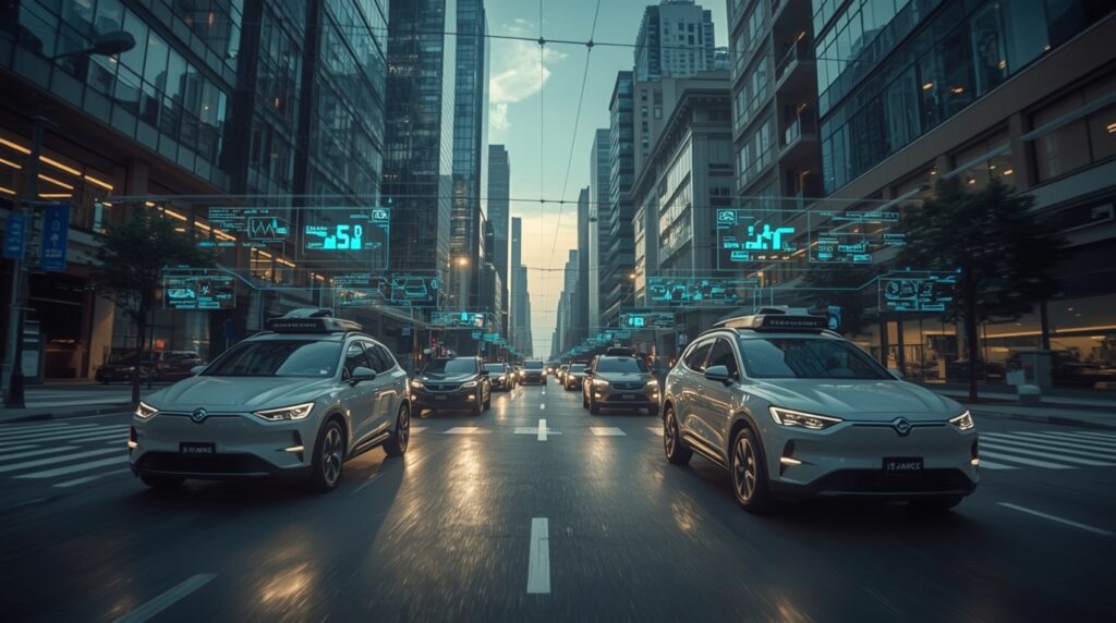 SunCar autonomous vehicles with ByteDance AI-powered mobility dashboards demonstrating Mobility Intelligence Integration in a smart city.