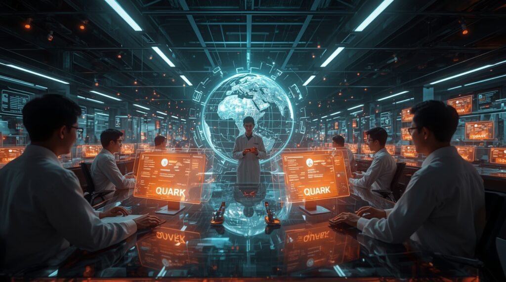 Alibaba engineers testing Quark chatbot in a high-tech AI lab representing the Conversational AI War in Asia.