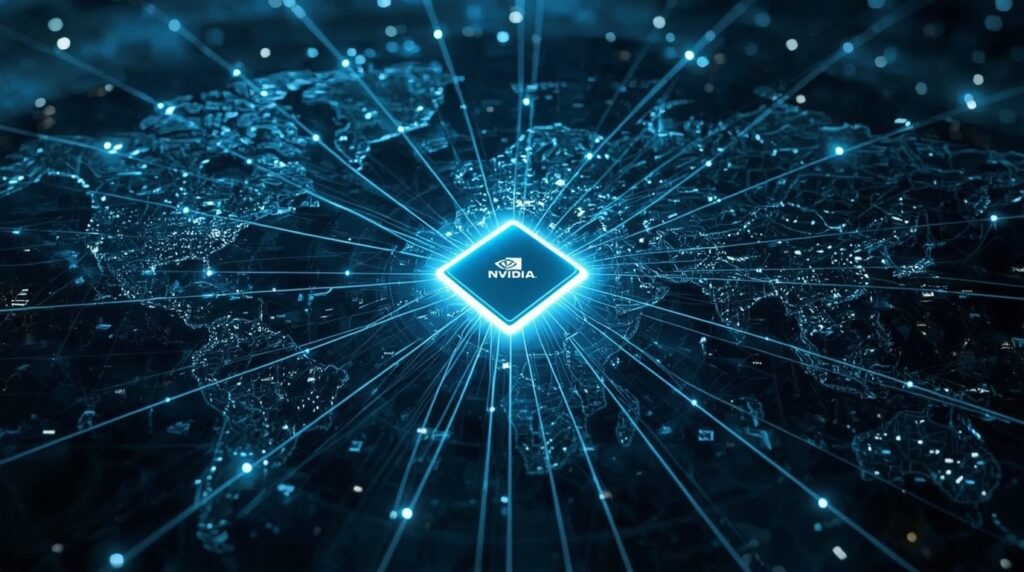 Futuristic GPU data network illustrating global compute growth driven by AI.