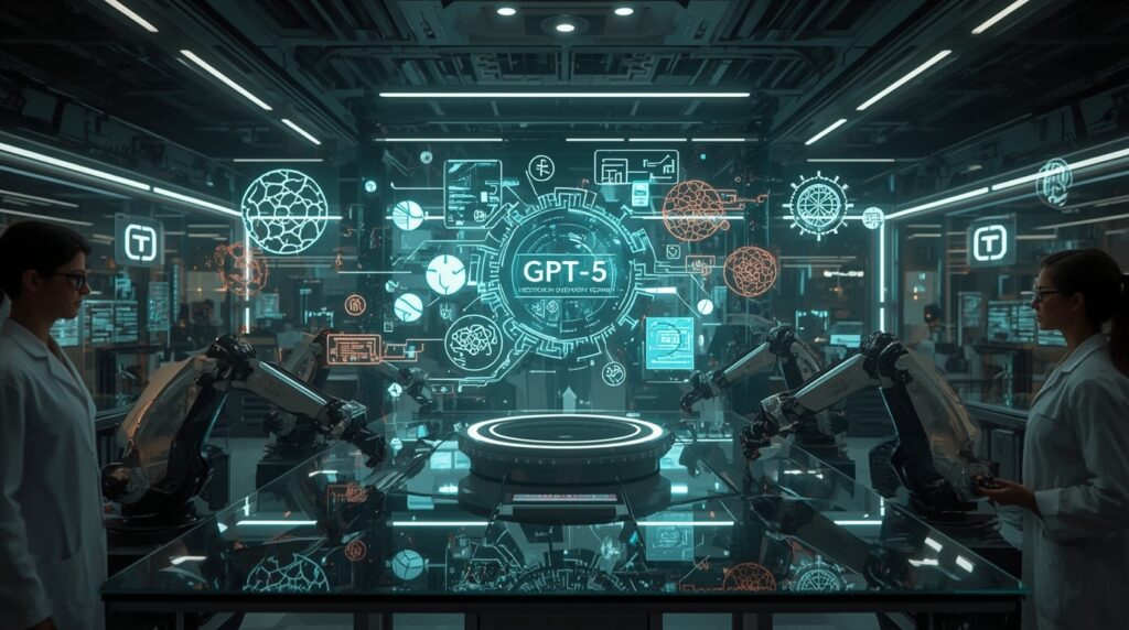 Futuristic depiction of OpenAI’s GPT-5 Scientific Discovery Engine revolutionizing scientific research through AI collaboration.