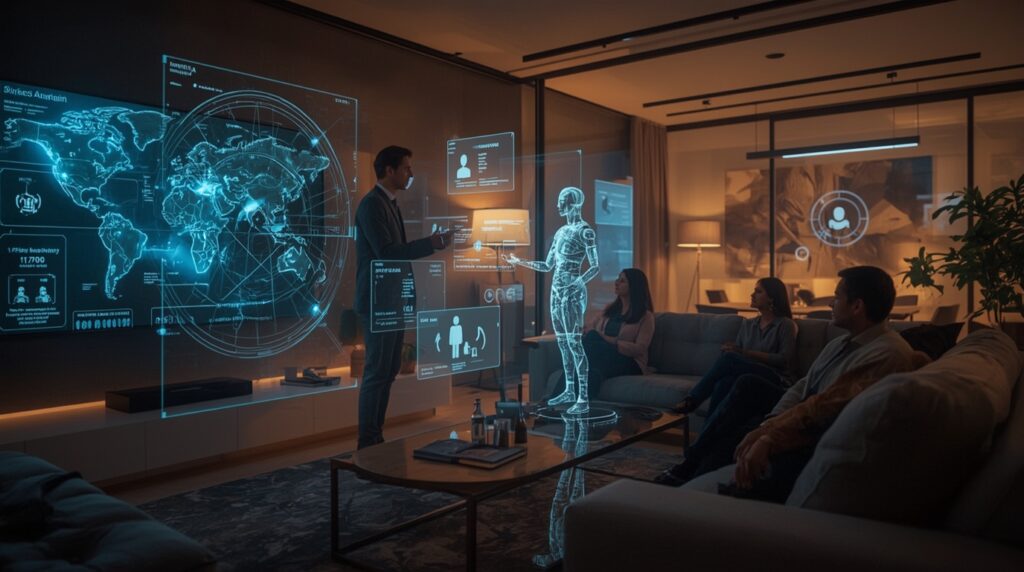 Futuristic Gemini-powered environment showing AI assistants interacting with global users.